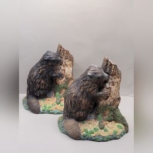 Vintage Pair Of Ceramic Beaver Figurines Wildlife Cabin Lodge Decor 7" Canada